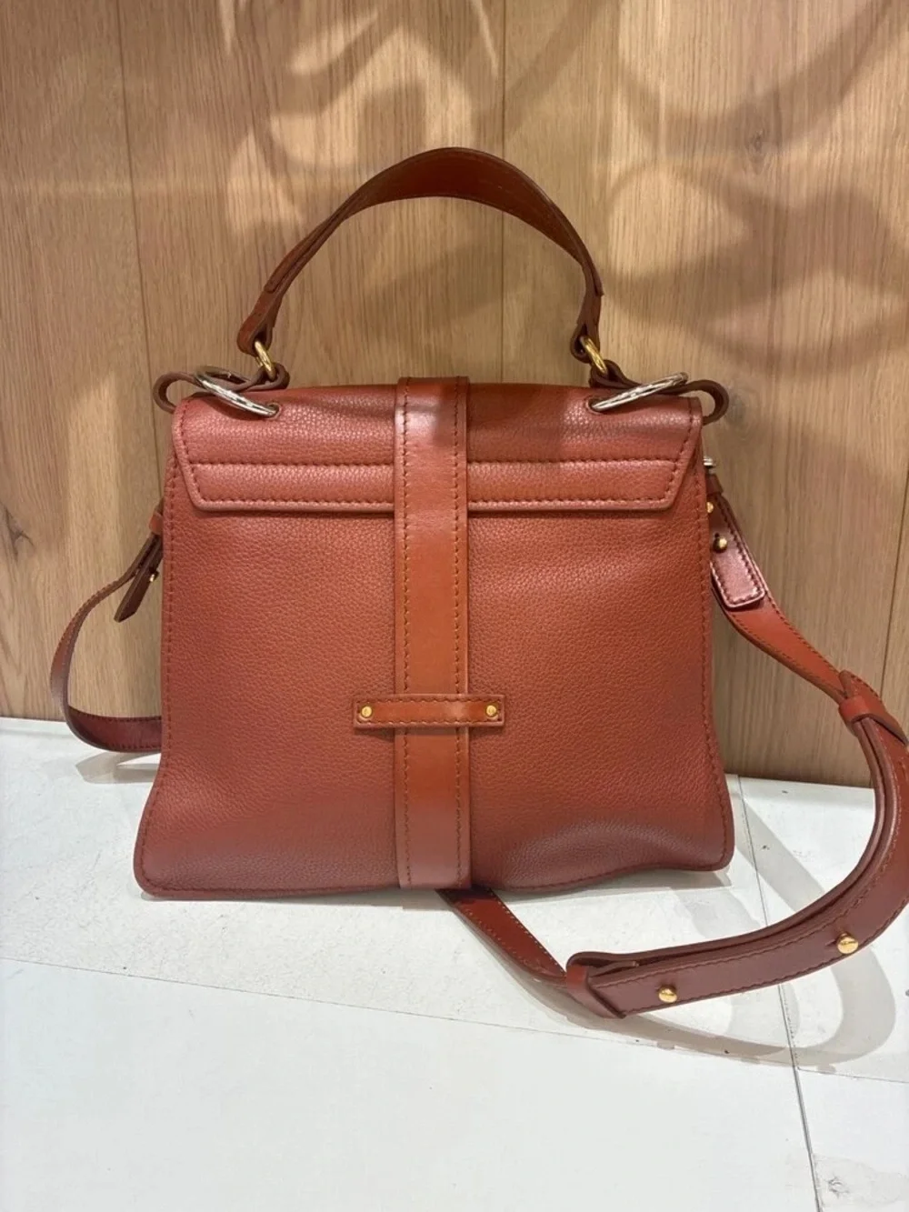 Brown Leather Top-Handle Satchel with Gold Padlock